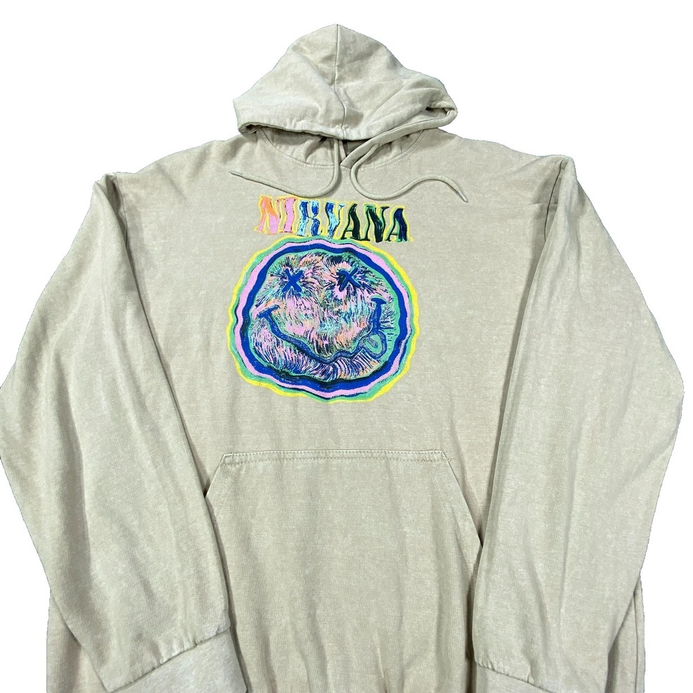 Nirvana Smiley Face Hoodie Large Beige Graphic Pullover Sweatshirt Grunge Rock
